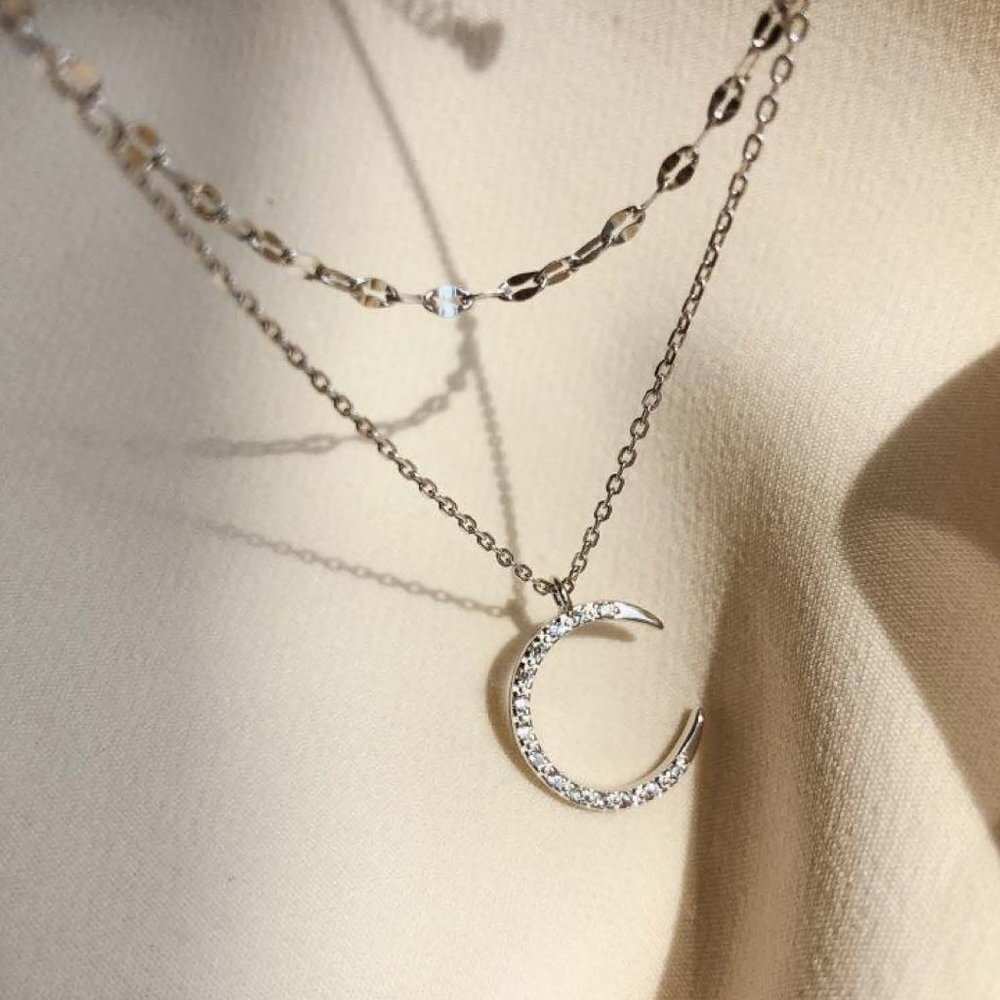 925 Silver Double Necklace Topaz Moon Pendant - Very Dainty